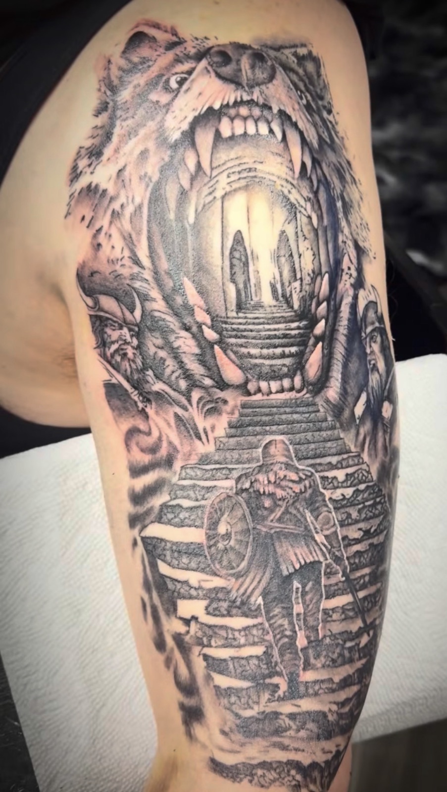 Black & gray realism · Norse sleeve