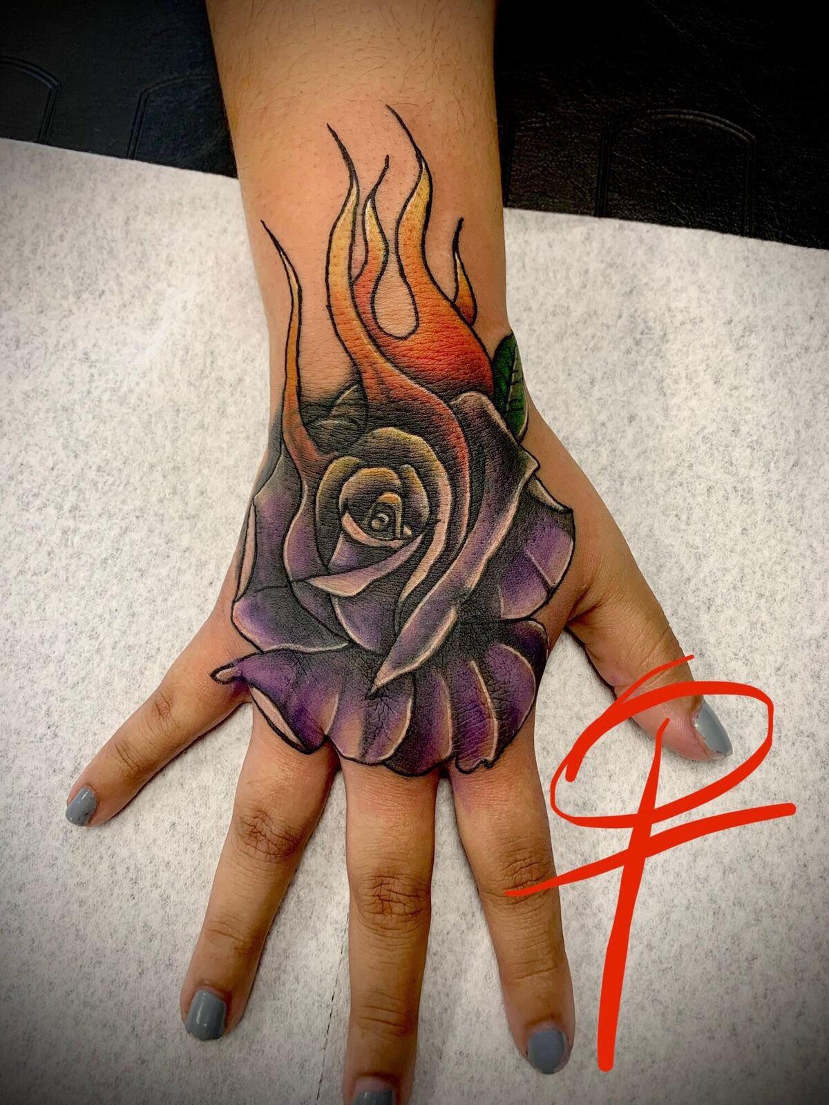 Neo-traditional · rose & flames hand